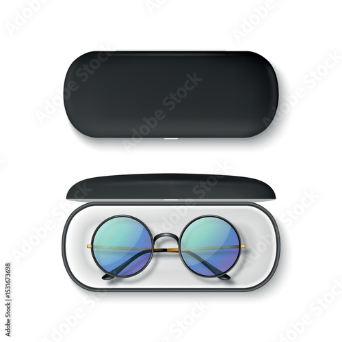 Vector 3D Realistic Round Sunglasses with Metal Frame and Hard Black Case. Stylish Vintage Eyeglasses in Open and Closed Protective Case. Design Template for Optics, Fashion, Eyewear Branding