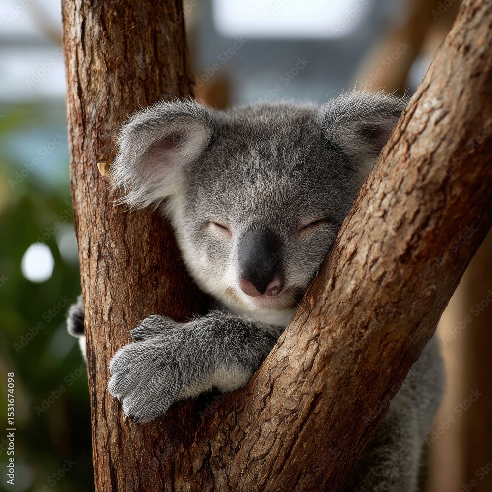 Fototapeta premium A baby koala is sleeping on a tree branch