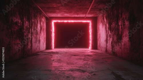 Abstract concrete tunnel with glowing square portal and volumetric lights