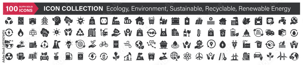 Big icons collection. Containing Ecology, Environment, Sustainable, Recyclable, Renewable Energy. Glyph solid style series icon Big icons collection. Containing Ecology, Environment, Sustainable, Recyclable, Renewable Energy. Glyph solid style series icon