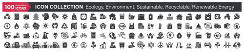 Big icons collection. Containing Ecology, Environment, Sustainable, Recyclable, Renewable Energy. Glyph solid style series icon