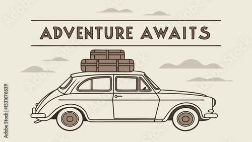 Vintage car with luggage on roof promoting adventure theme  