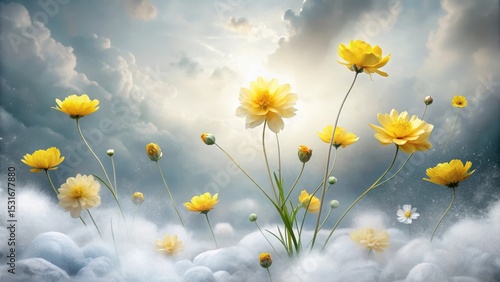 Serene Yellow Blossoms Emerging from a Dreamlike Cloudscape