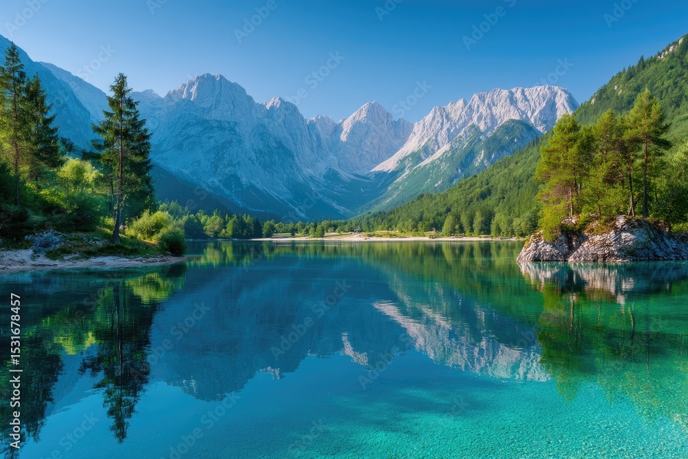 Fototapeta premium Serene alpine lake, mirrored peaks