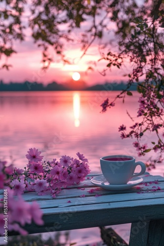 Pink sunset over water, tea, flowers