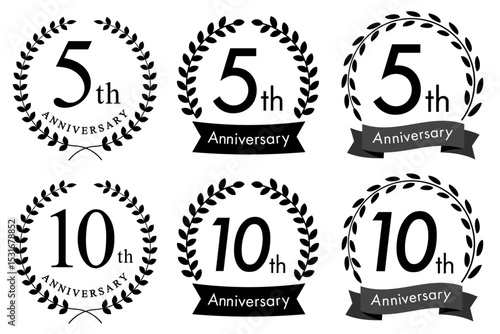 5周年・10周年のアニバーサリーロゴ(anniversarry logo エンブレム 月桂樹 お祝い ベクター 編集可能 シンプル モノクロ celebration logo)	
