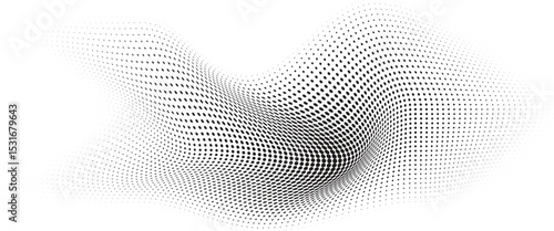 Flowing Wave Dot Halftone Pattern: Curve Gradient Shape on Transparent Background. Suitable for AI, Tech, Network, Digital, Science, and Technology Themes.