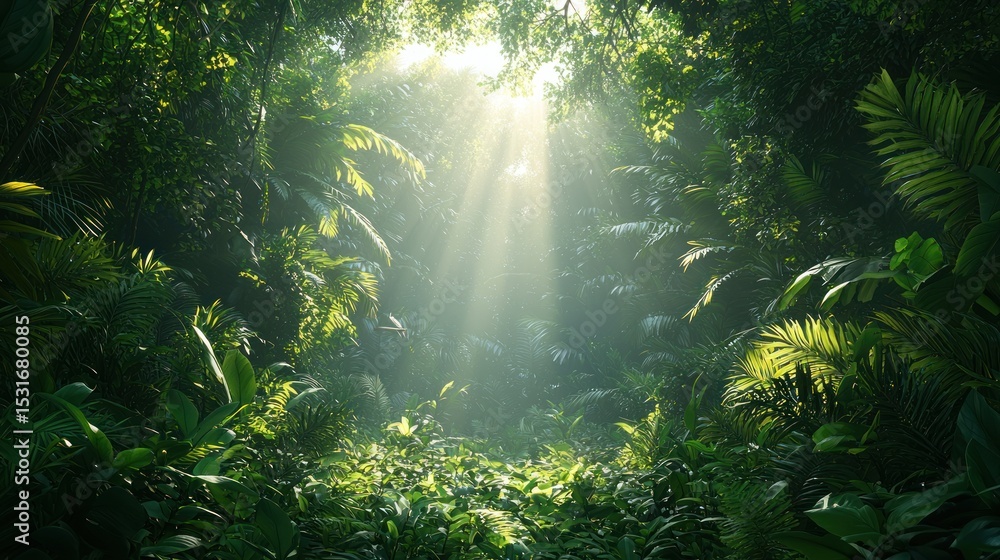 Fototapeta premium Lush jungle canopy, sunlight rays