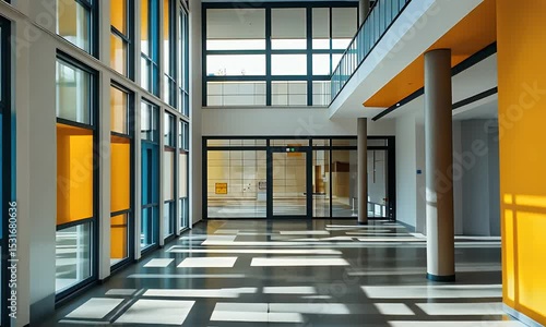 Modern Building Interior Architecture with Blue and Yellow Panels Glass Windows and Geometric Shadow Pattern