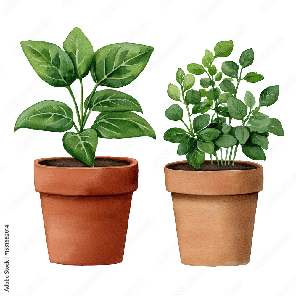 Obraz premium Watercolor Illustration of Two Potted Herbs with Terracotta Pots