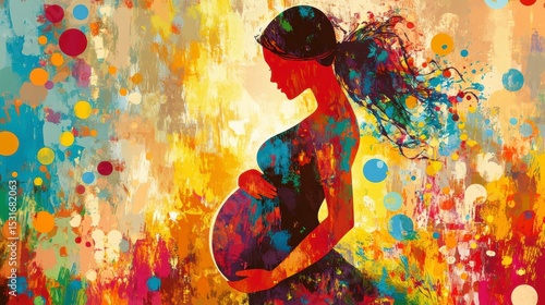 Colorful abstract painting of a pregnant woman, vibrant colors, joyful mood.