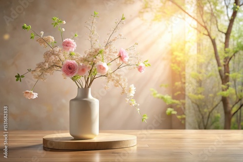 Delicate Pink Blooms in a Ceramic Vase on Wooden Surface, Basking in Sunlight Streaming Through a Verdant Window