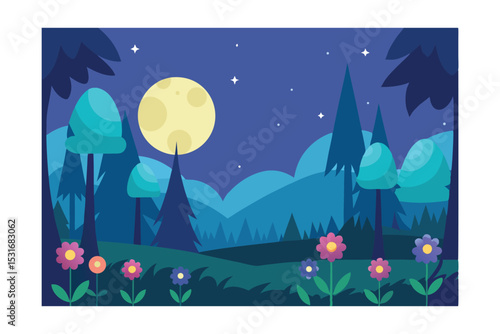 Nighttime Nature: The illustration captures a tranquil nocturnal scene. The bright full moon illuminates the landscape, offering a serene backdrop for the flowers, trees.