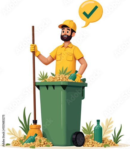 Cartoon street cleaner man with broom and trash bin promoting waste management and recycling program