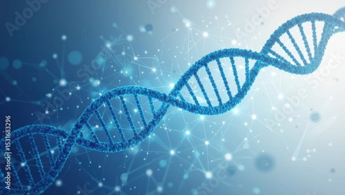 Fototapeta Naklejka Na Ścianę i Meble -  A 3D digital illustration of a DNA double helix strand with connecting nodes and network lines against a blue gradient background.