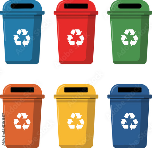 Colorful Garbage Bins Set with Recycling Icons for Waste Sorting and Environmental Awareness

