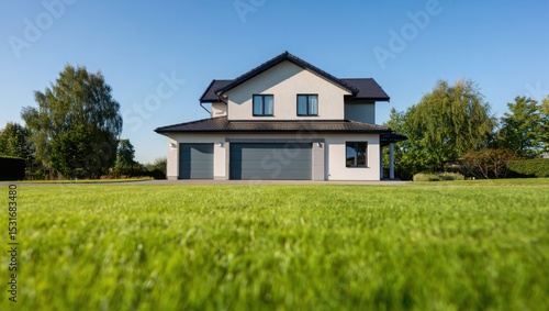 Wallpaper Mural Modern suburban house with green lawn and garage Torontodigital.ca