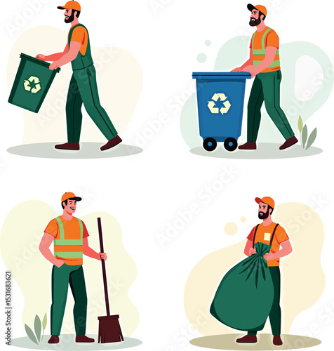 Vector illustration of sanitation workers collecting trash and recycling for waste management
