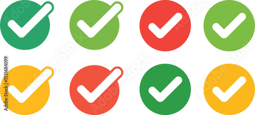 Check Mark Icons – Profile Verification, Approved Symbol, Verified Account Badge, Quality Accept Signs, Colorful Vector Illustration

