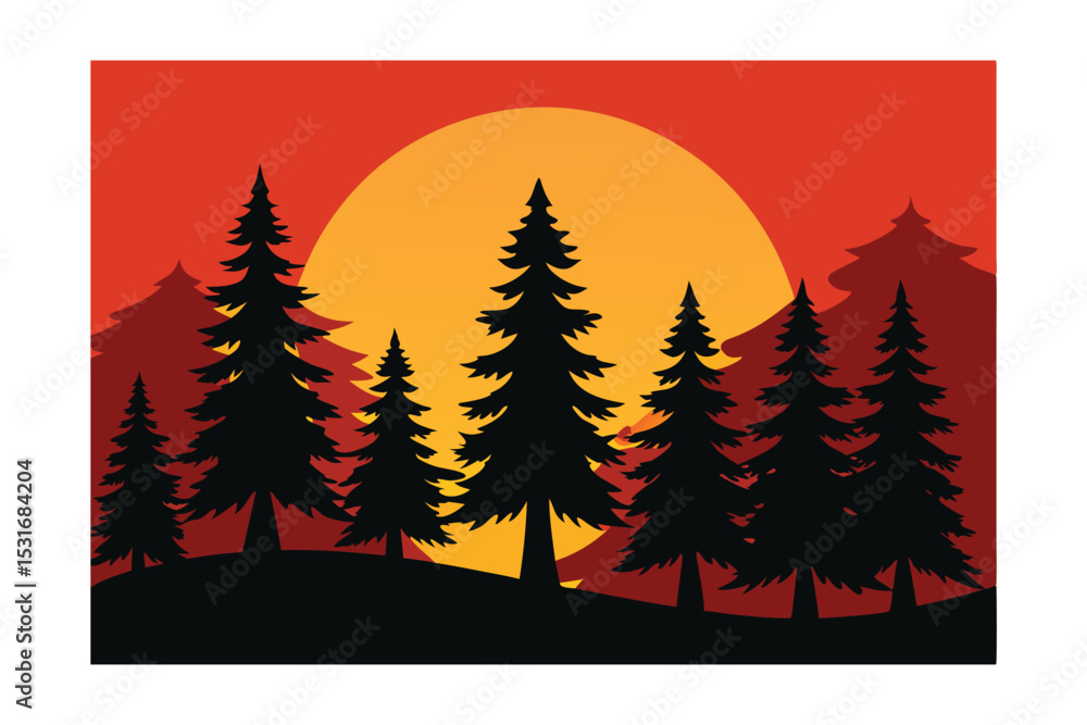 Obraz premium Majestic Sunset Silhouette Pine Trees against a Fiery Orange Sky