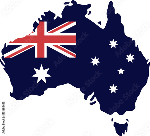 Australia Map with Flag – Vector Silhouette of Australian Continent, National Flag Overlay, Country Outline, Patriotic Symbol Illustration

