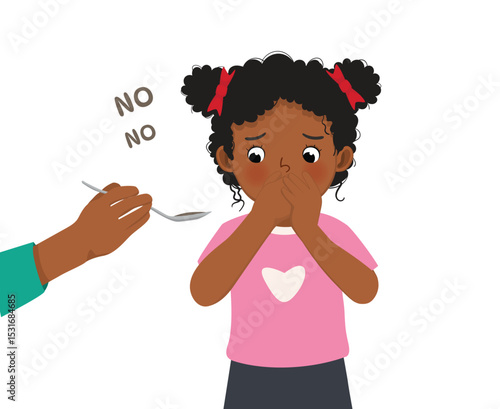 sick little African girl refuses to take medicine syrup by covering her mouth with hands
