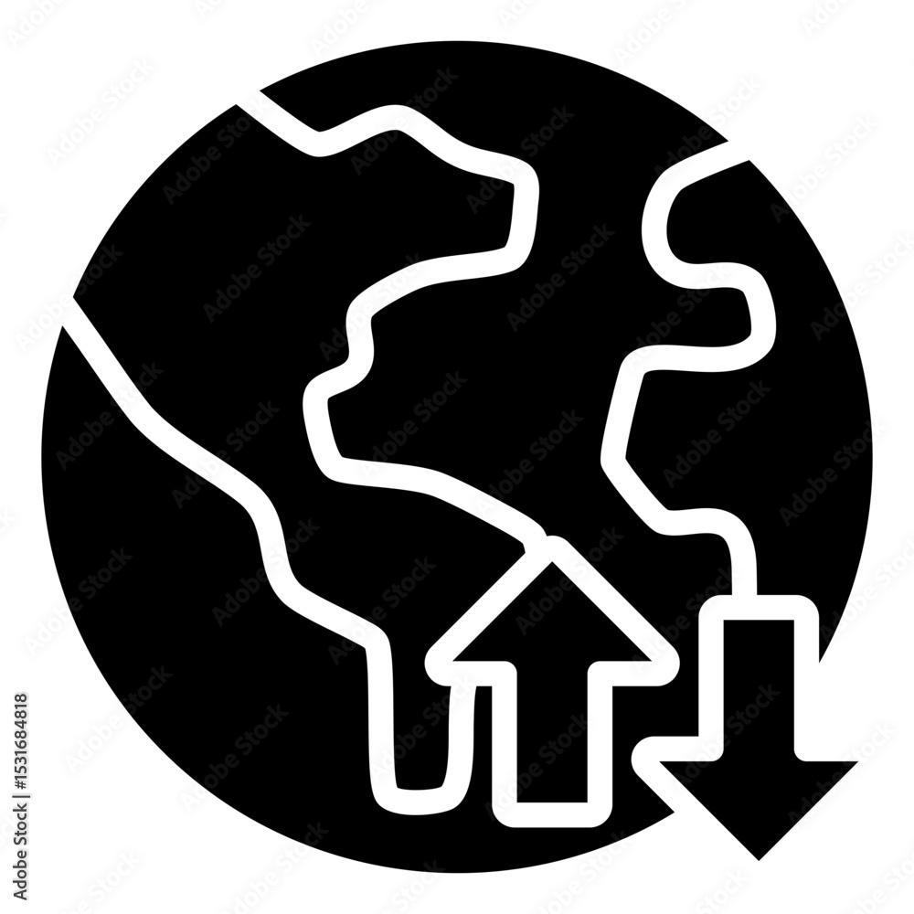 Traffic - Glyph Black Fill Silhouette icon - Globe with downward and upward arrows, representing global traffic Traffic - Glyph Black Fill Silhouette icon - Globe with downward and upward arrows, representing global traffic