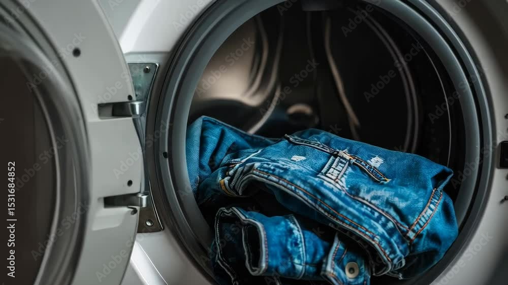 View inside open front load washing machine with blue denim jacket tumbling and ready for drying cycle in a clean home laundry room. View inside open front load washing machine with blue denim jacket tumbling and ready for drying cycle in a clean home laundry room.