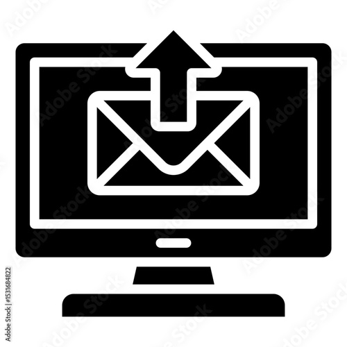 Send Email Online - Glyph Black Fill Silhouette icon - Computer screen with outgoing envelope, representing web-based email sending