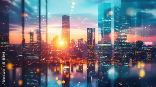 Wallpaper Mural urban tapestry shimmering skyline viewed through reflective panes in a vibrant metropolis at sundown casting a warm orange glow amidst towering structures Torontodigital.ca