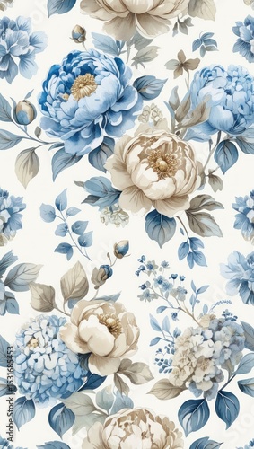 Exquisite floral pattern featuring delicate blue and cream roses and hydrangeas on a white background.
