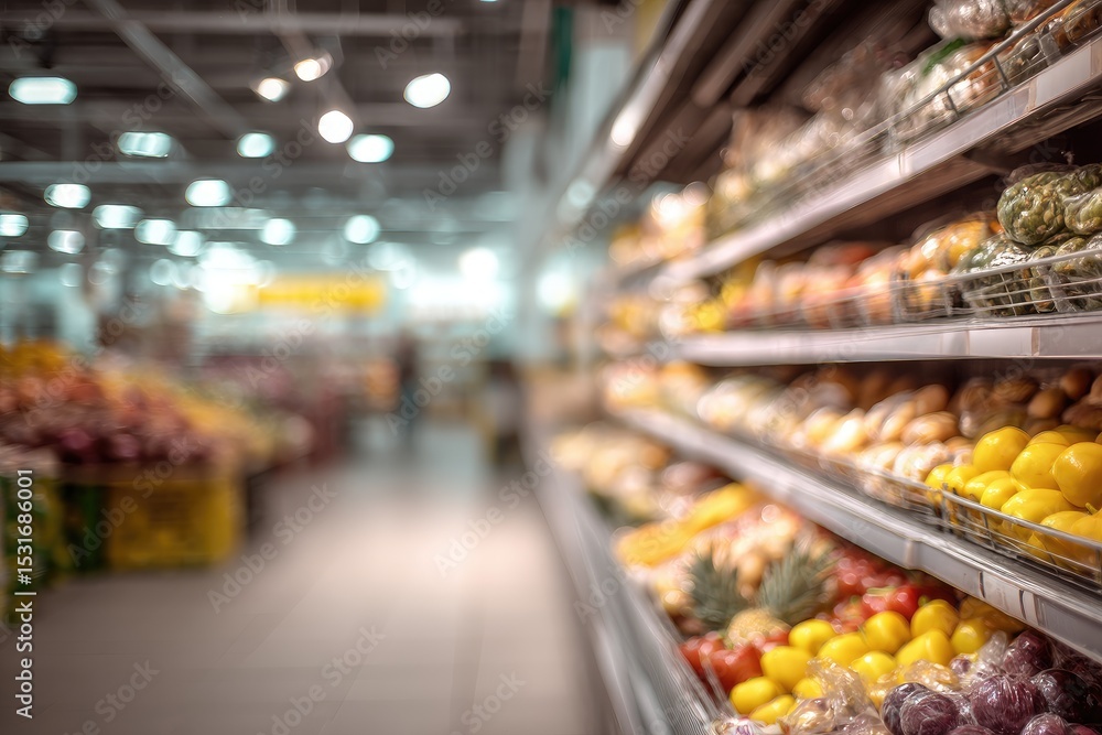 Grocery store produce section, shelves full of fruits and vegetables, blurry background Grocery store produce section, shelves full of fruits and vegetables, blurry background