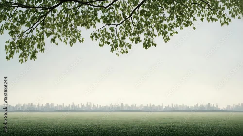 Green grass field framed by tree leaves with distant city skyline view