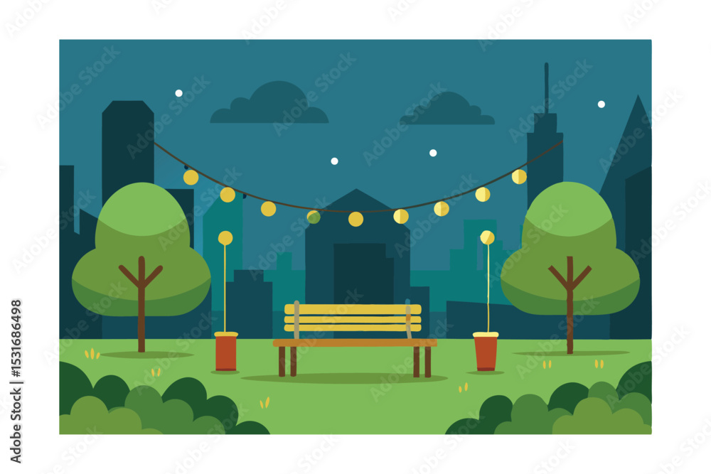 Fototapeta premium Cartoon Urban Park Illustration with String Lights