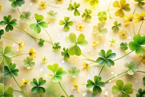 A Serene Display of Vibrant Green Clover Leaves and Delicate Yellow Blossoms, Illuminated by Soft Sunlight on a Light Background