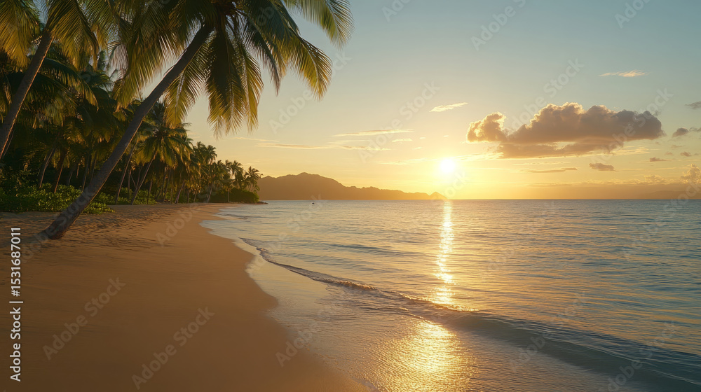 Fototapeta premium Tropical beach with palm tree, golden sand, calm sea, and sunset sky, peaceful atmosphere