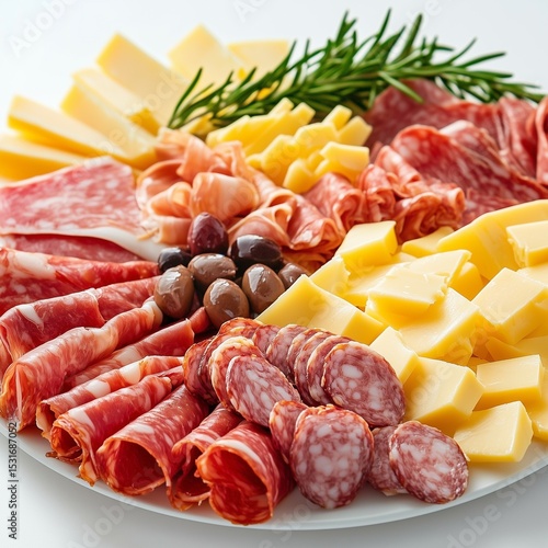 salami and cheese on plate. Ai generative.