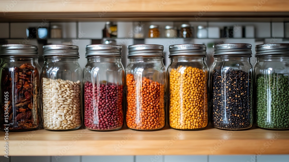 Assorted Dry Goods in Glass Jars on Kitchen Shelf Assorted Dry Goods in Glass Jars on Kitchen Shelf