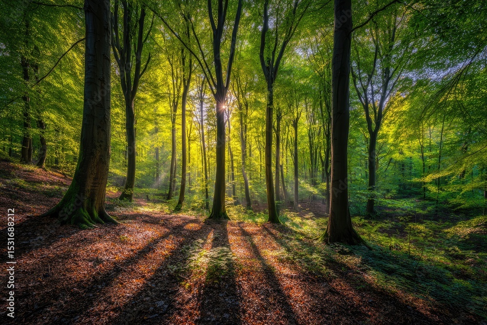 Fototapeta premium Sunlight streams through a vibrant forest