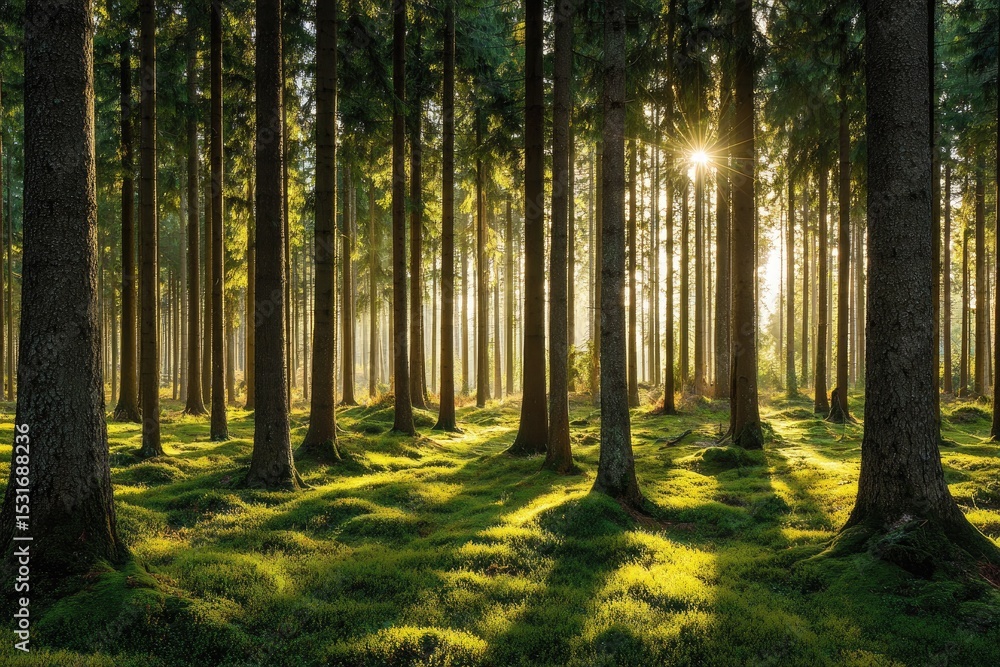 Fototapeta premium Sunlit forest floor, dense trees