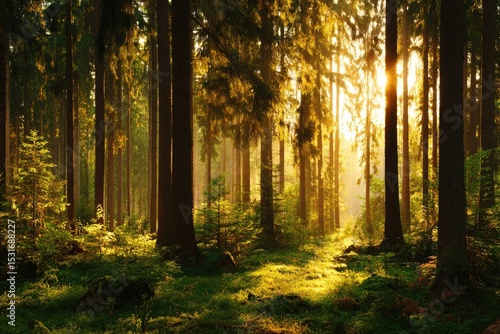 Fototapeta Naklejka Na Ścianę i Meble -  Golden sunlight streams through a dense forest