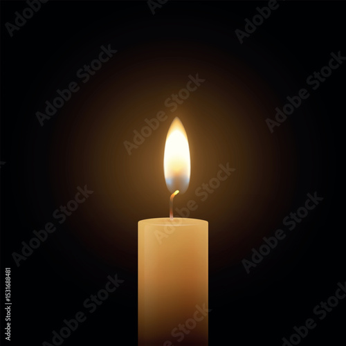 Realistic Vector Candle Flame Clipart on Black Background. Single Wax Pillar Candle with Soft Warm Glow and Flickering Flame, Ambient Lighting Design Template for Web, Print, Logo Design
