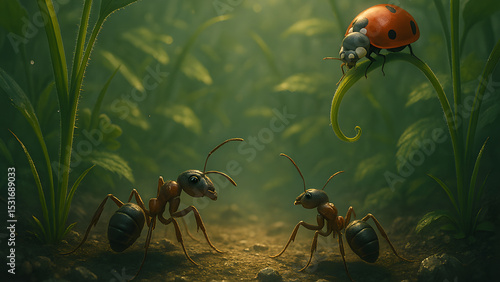 Ant’s-Eye View of a Forest Floor With Ants and a Ladybug Among Tall Plants