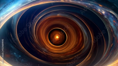 Deep space exploration featuring black hole vortex with stars and swirling nebulas and cosmic dust clouds in the far away galaxy