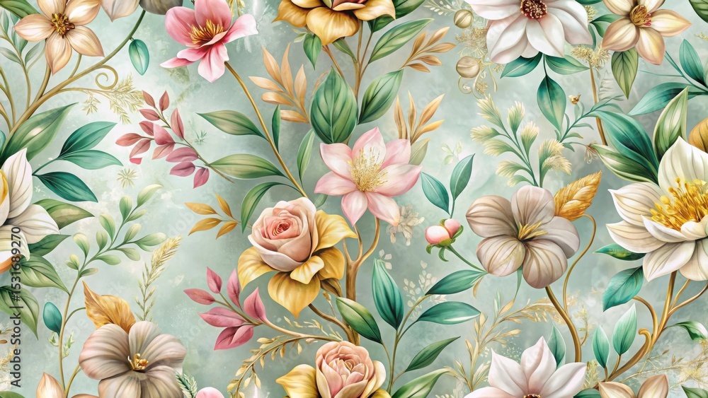 Fototapeta premium Exquisite Botanical Print Featuring a Lush Arrangement of Roses, Magnolias, and Other Delicate Blooms on a Soft Green Background