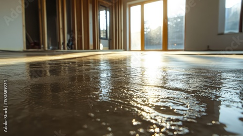 A floor is wet and shiny
