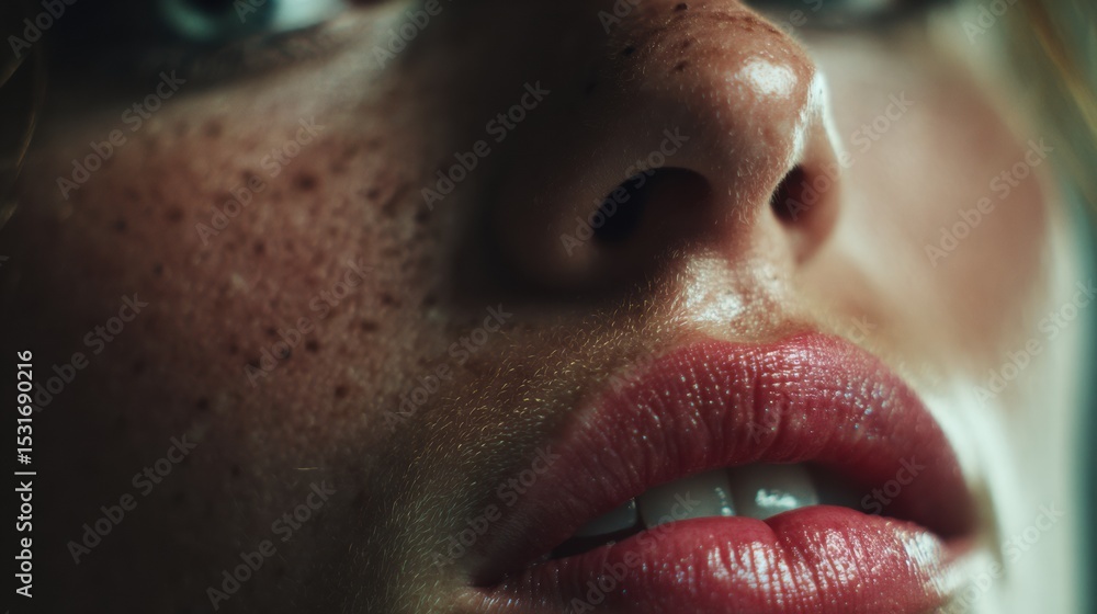 Fototapeta premium Cinematic close up captures the delicate details of a freckled face, focusing on glossy lips slightly parted, conveying a sense of wonder or expectation in a dimly lit setting