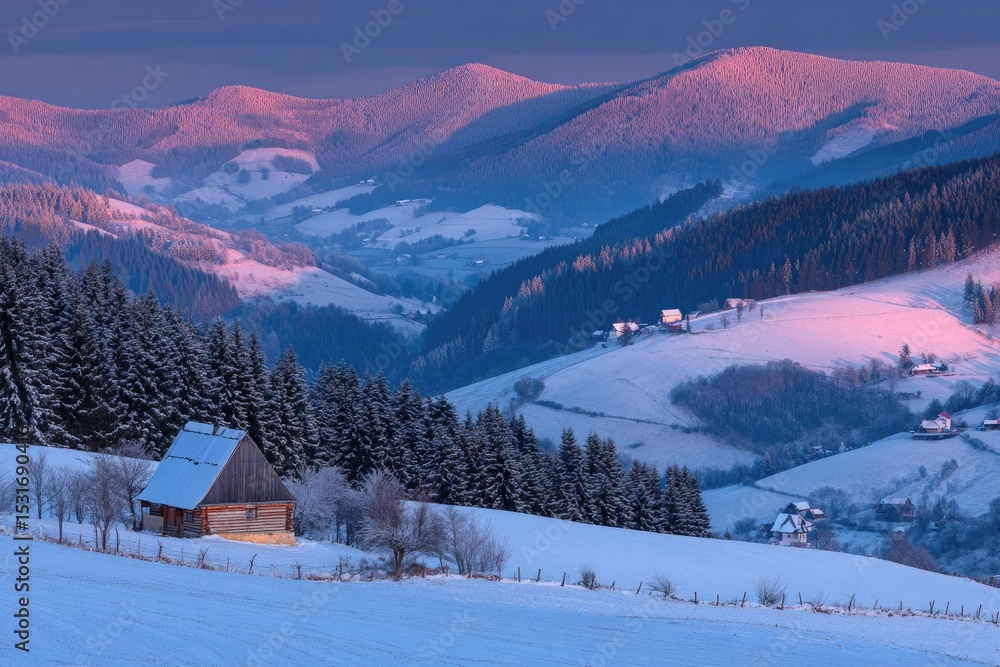 Winter dawn in a mountain valley. Snowy peaks, frosted trees, and a rustic cabin nestled in the landscape bathed in a soft pink sunrise Winter dawn in a mountain valley. Snowy peaks, frosted trees, and a rustic cabin nestled in the landscape bathed in a soft pink sunrise