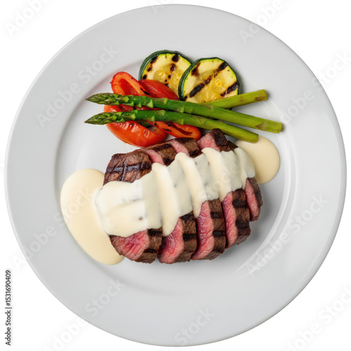 sliced beef as meat, main course in a white dish, on transparent background, delicious food italian recipe 