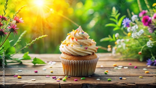 A delightful cupcake with creamy frosting and colorful sprinkles sits on a rustic wooden surface, surrounded by vibrant wildflowers bathed in sunlight.